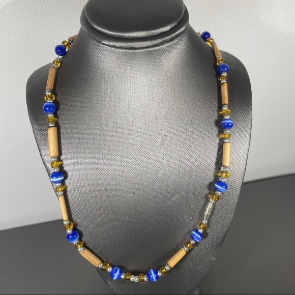 Blue Cat Eye Men’s Tribal Bead Wooden Necklace - Picture 3 of 5